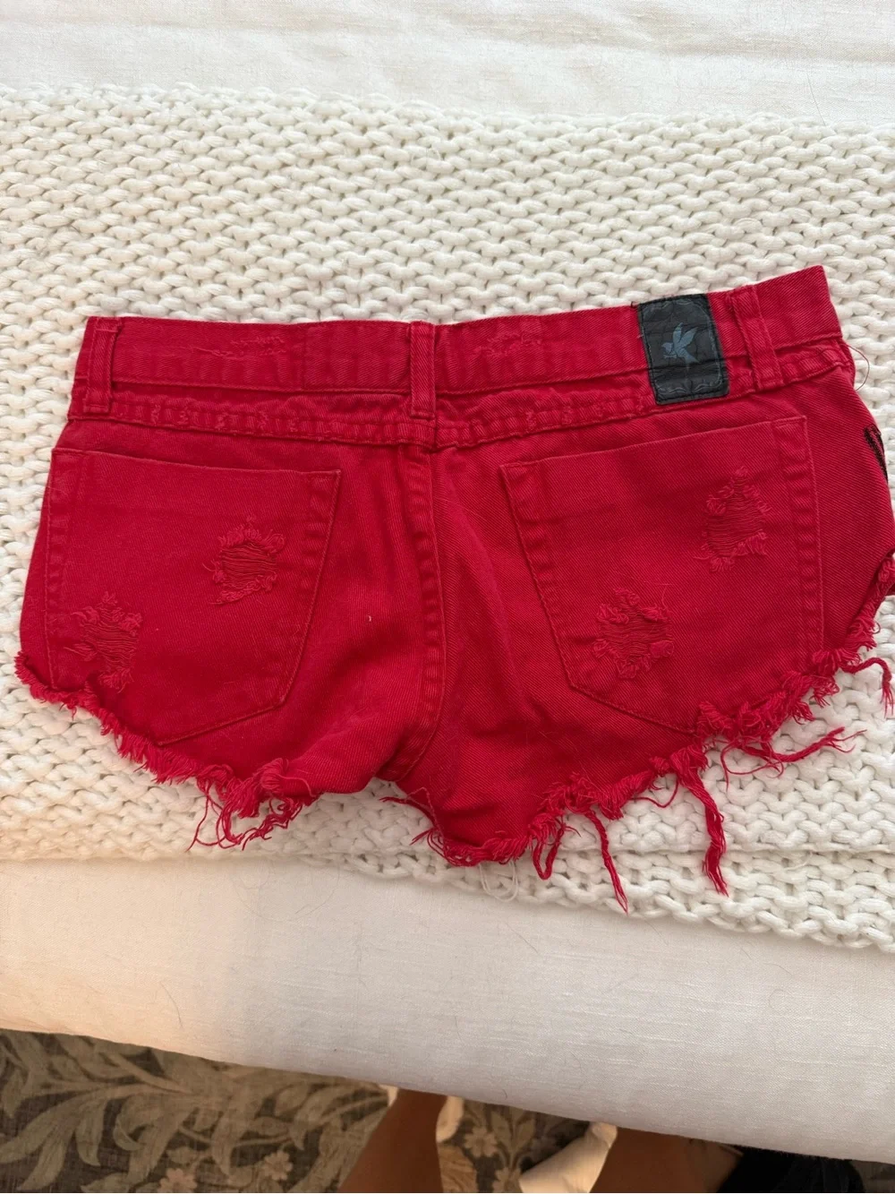 One Teaspoon Red Distressed Denim Cutoff Shorts - Picture 2 of 2